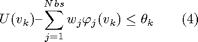 $$ U(v_k) \textrm{--} \sum_{j=1}^{Nbs} w_j \varphi_j(v_k) \leq \theta_k \qquad (4) $$