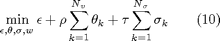 $$ \min_{\epsilon,\theta,\sigma,w} \epsilon+\rho \sum_{k=1}^{N_v} \theta_k + \tau \sum_{k=1}^{N_{\sigma}} \sigma_k \qquad (10) $$